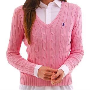 Polo Ralph Lauren Blue Label Pink Cable Knit V Neck Sweater 💗
